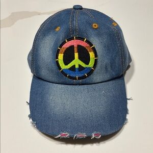 Denim Peace Sign Distressed Ball Cap
